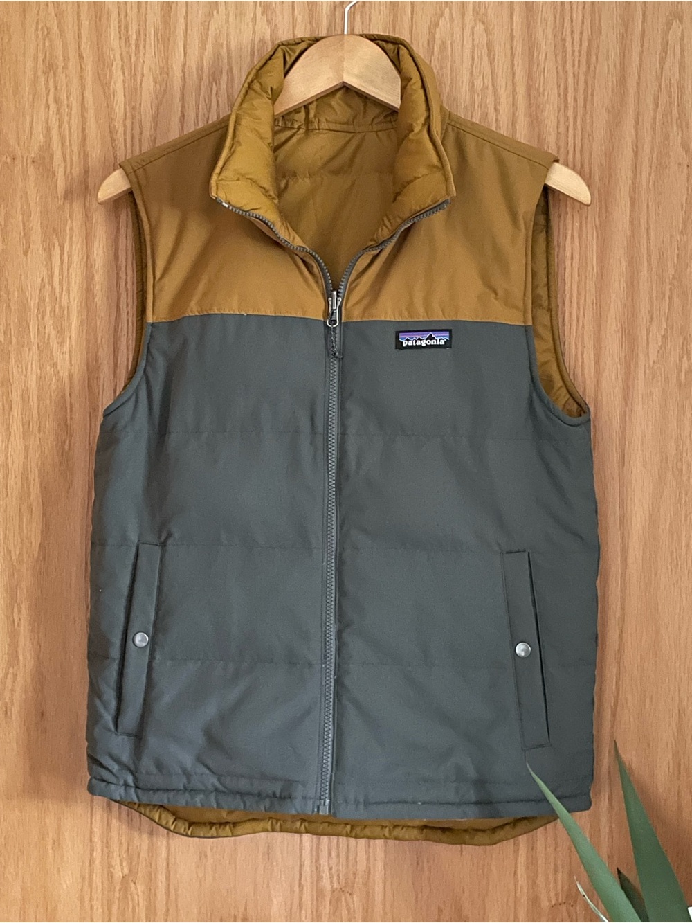 Patagonia Men's Two-Tone Puffer Vest—Olive Gray/Mustard—Reverse: Solid Mustard